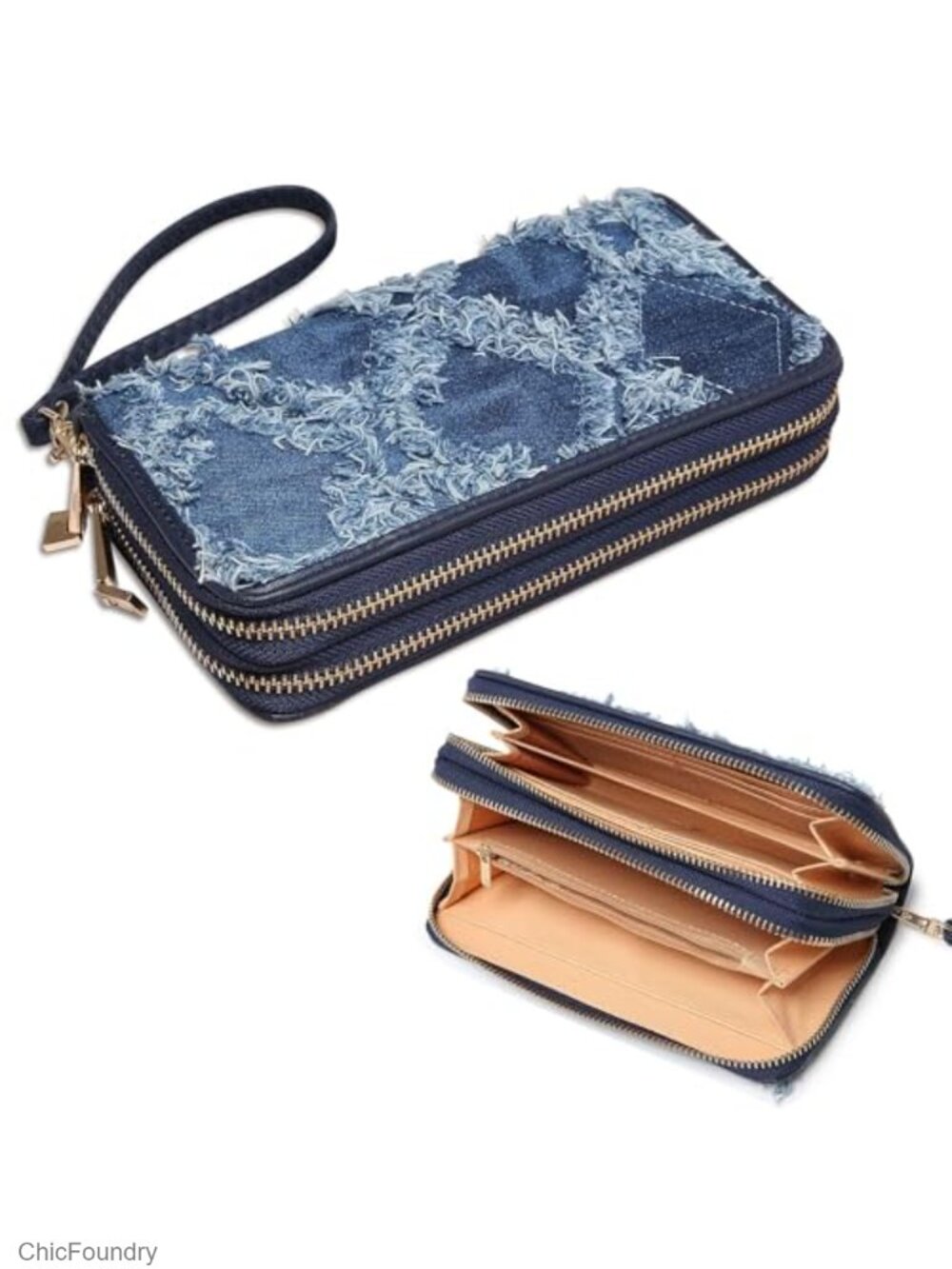Double Zip Around Wallet Long Wristlet with Credit Card Slots